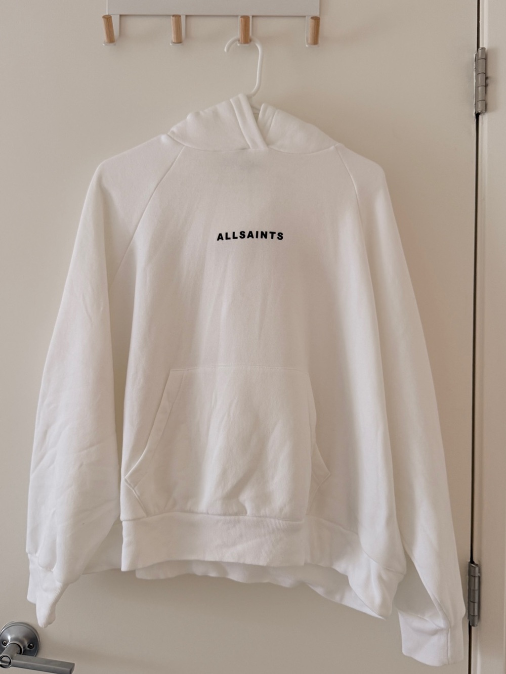AllSaints Nineteen Ninety Four graphic hoodie in white, size Medium.
